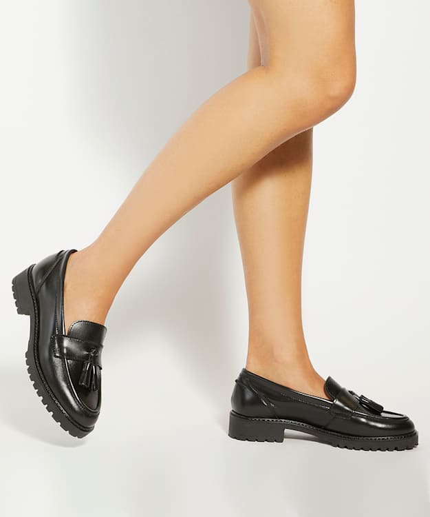 Dune London Gracelyn - Black Cleated Sole Leather Tassel Trim Loafers