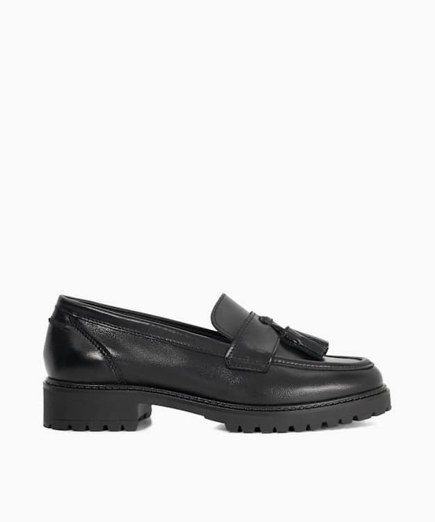 dune london Gracelyn - Black Cleated Sole Leather Tassel Trim Loafers