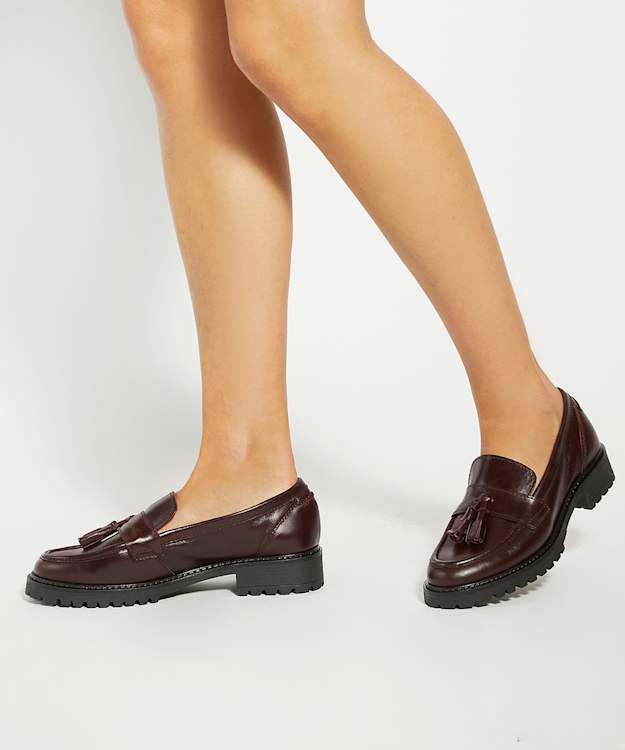 Dune London Gracelyn - Burgundy Leather Tassel Trim Chunky Loafers