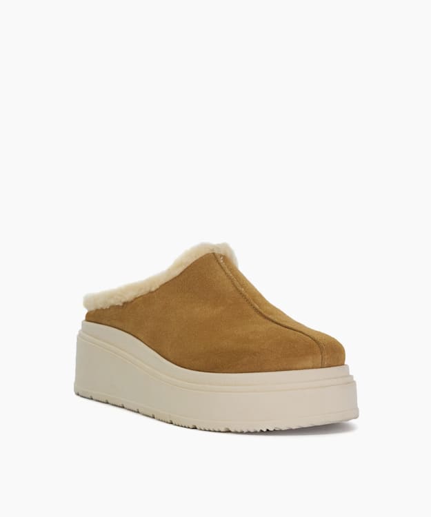 Dune London Gracias - Taupe Suede Faux Shearling Flatform Mules