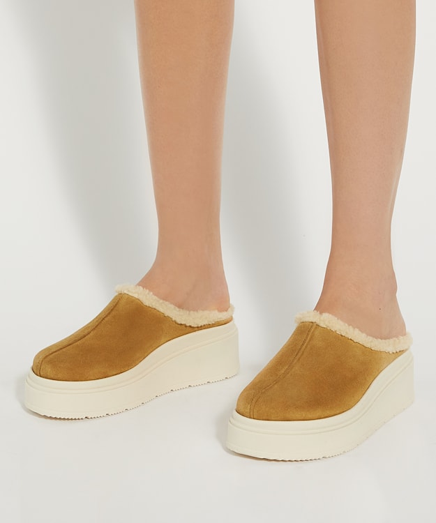 Dune London Gracias - Taupe Suede Faux Shearling Flatform Mules