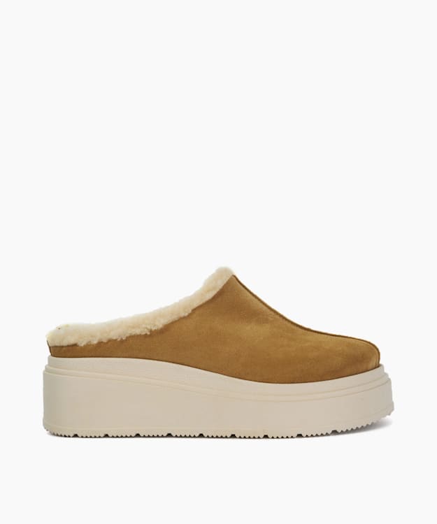 dune london Gracias - Taupe Suede Faux Shearling Flatform Mules