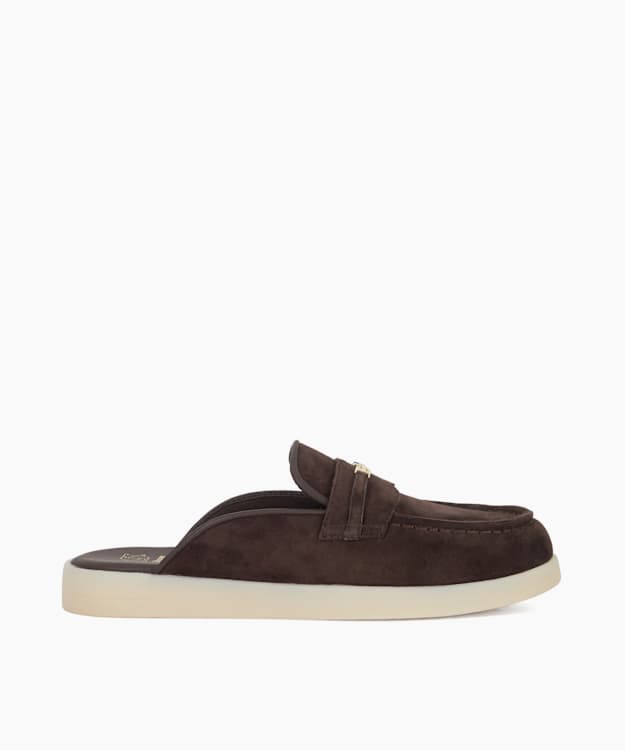 dune london Gracious - Brown Suede Backless Snaffle Trim Casual Loafers