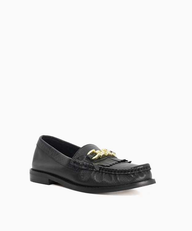 Dune London Granules - Black Leather Gold Chain Trim Fringed Loafer