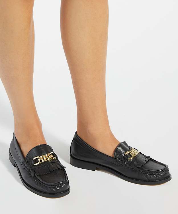 Dune London Granules - Black Leather Gold Chain Trim Fringed Loafer