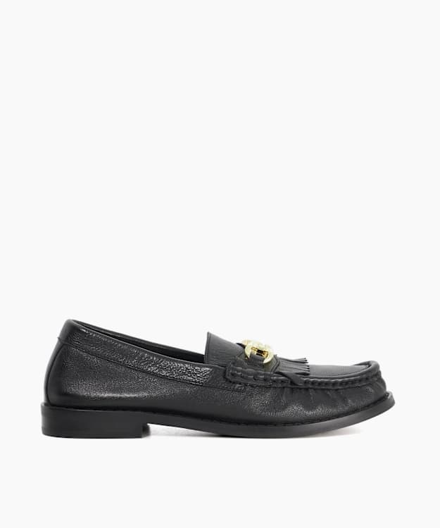 dune london Granules - Black Leather Gold Chain Trim Fringed Loafer