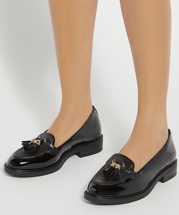 Dune London Grape - Black Wide Fit Patent Tassel Loafers