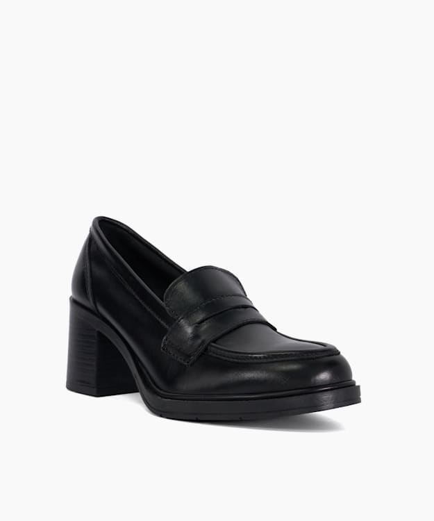 Dune London Grateful - Black Block Heel Penny Loafers