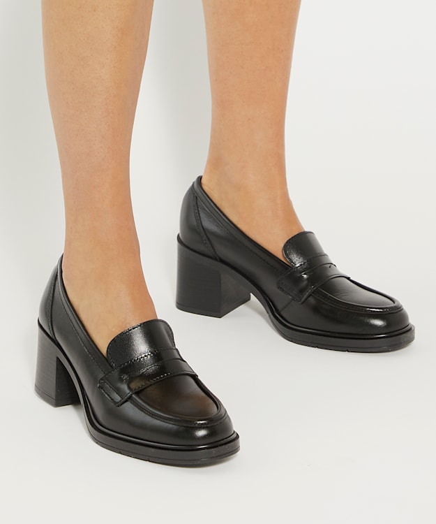 Dune London Grateful - Black Block Heel Penny Loafers