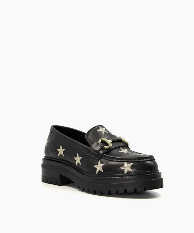 Dune London Gravitate - Black Leather Star Embroidered Snaffle Loafers