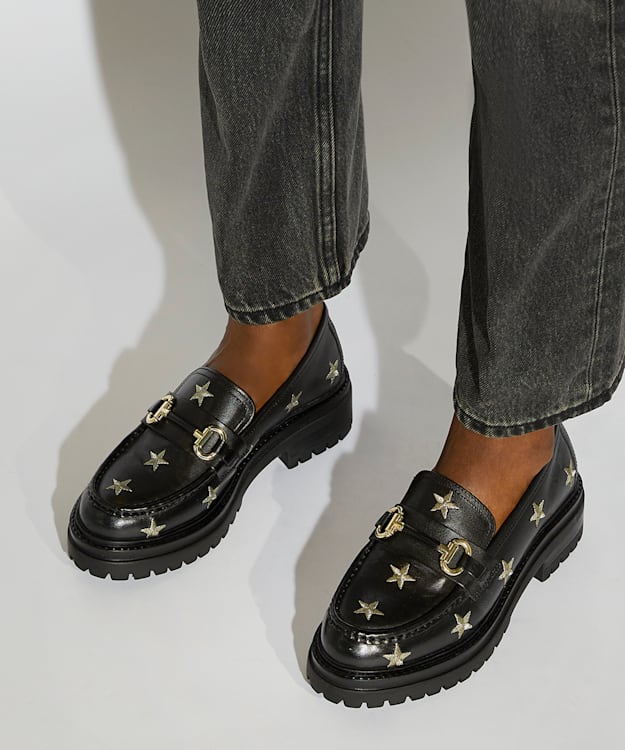 Dune London Gravitate - Black Leather Star Embroidered Snaffle Loafers