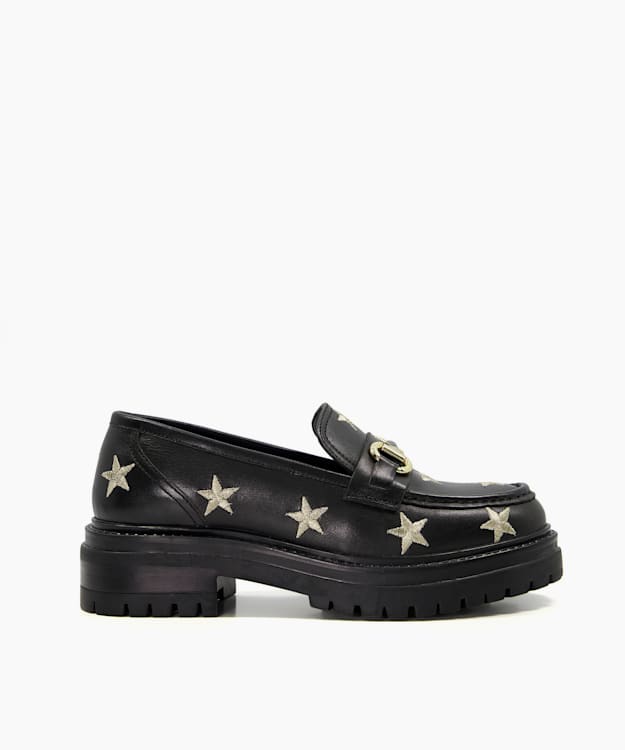 dune london Gravitate - Black Leather Star Embroidered Snaffle Loafers