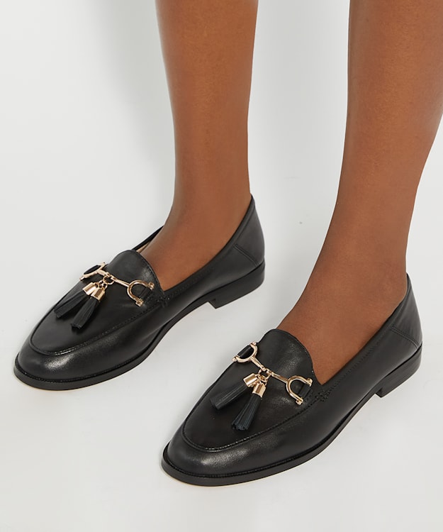 Dune London Graysons - Black Leather Tassel Trimmed Loafers