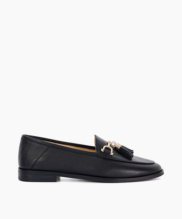 dune london Graysons - Black Leather Tassel Trimmed Loafers