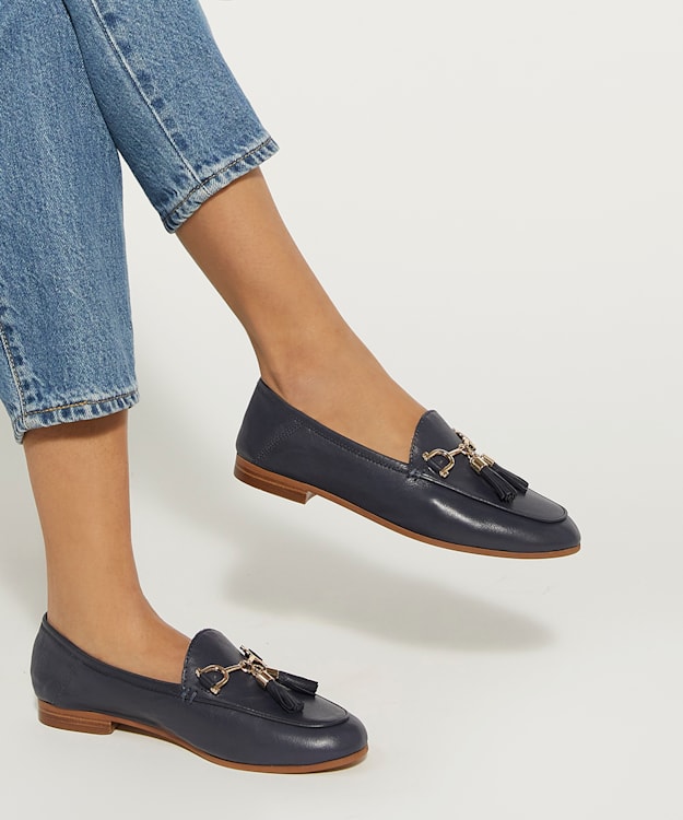 Dune London Graysons - Navy Leather Tassel Trimmed Loafers