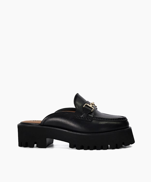 dune london Gridlock - Black Chunky Branded Snaffle Trim Backless Loafer