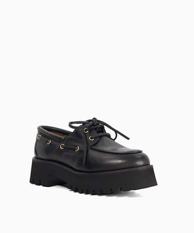 Dune London Griffyn - Black Leather Lace Up Chunky Boat Shoes