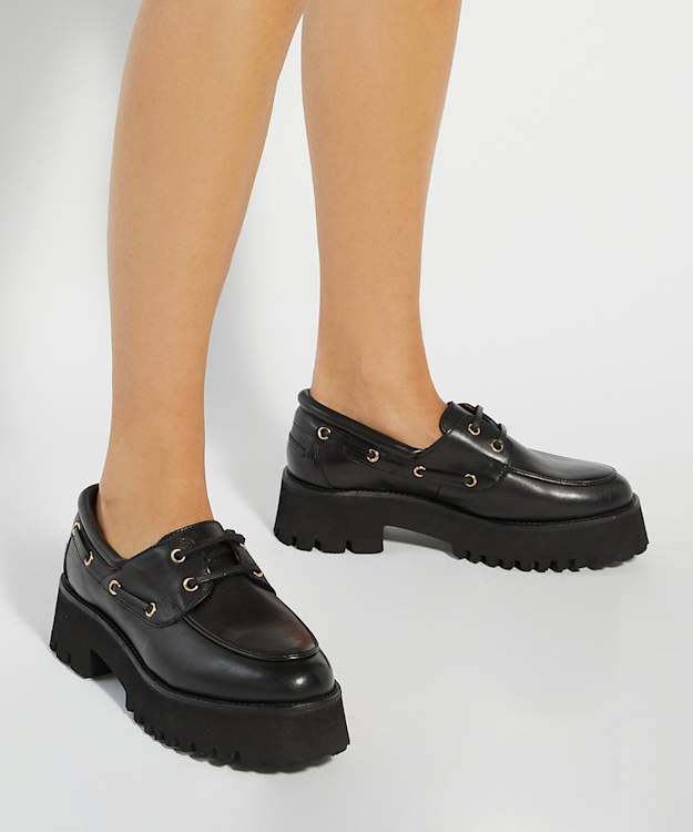 Dune London Griffyn - Black Leather Lace Up Chunky Boat Shoes