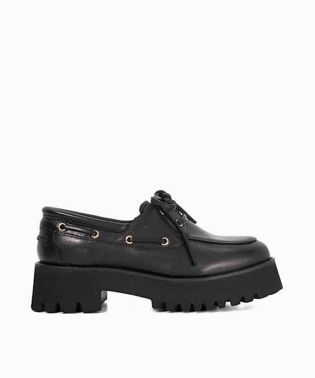dune london Griffyn - Black Leather Lace Up Chunky Boat Shoes