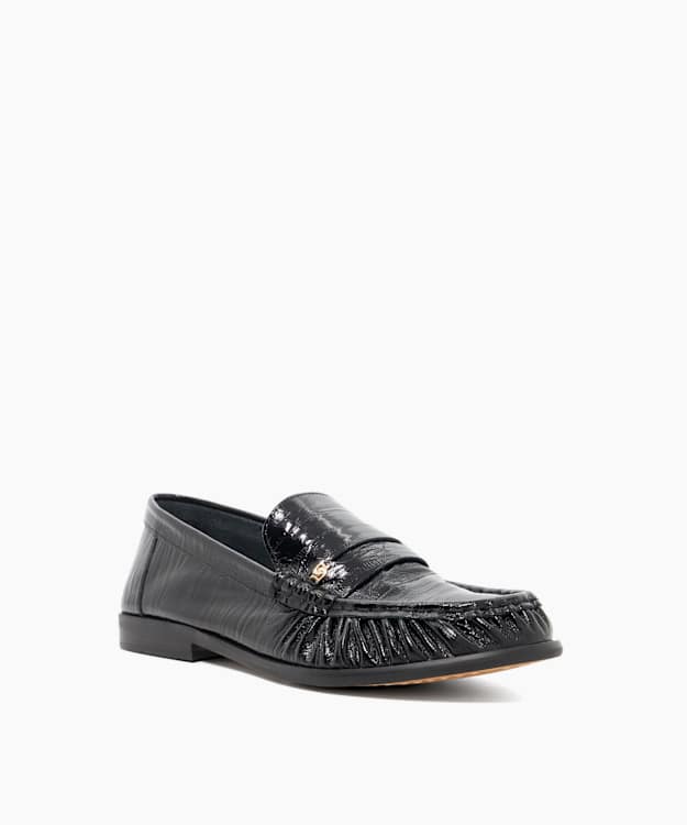Dune London Grisella - Black Leather Slip On Ruched Toe Loafers