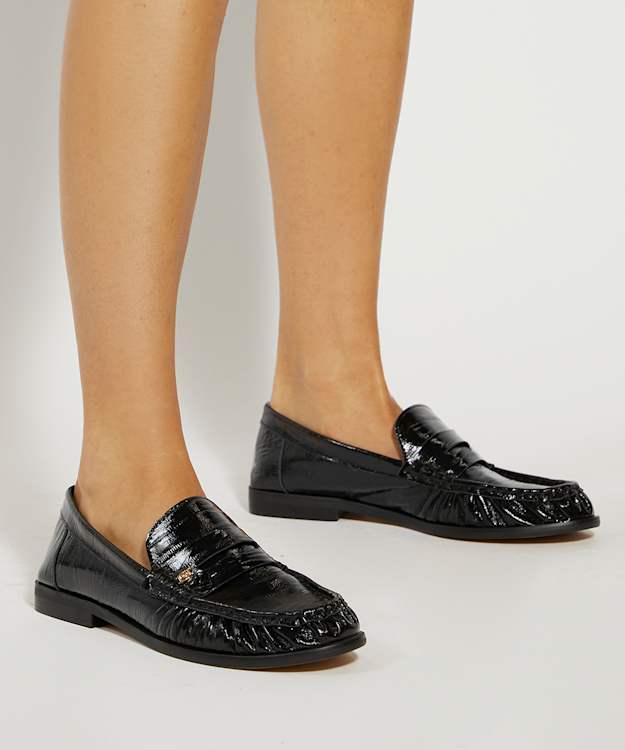 Dune London Grisella - Black Leather Slip On Ruched Toe Loafers