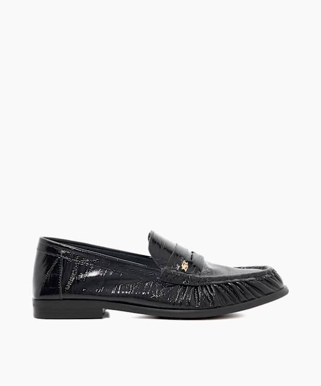 dune london Grisella - Black Leather Slip On Ruched Toe Loafers