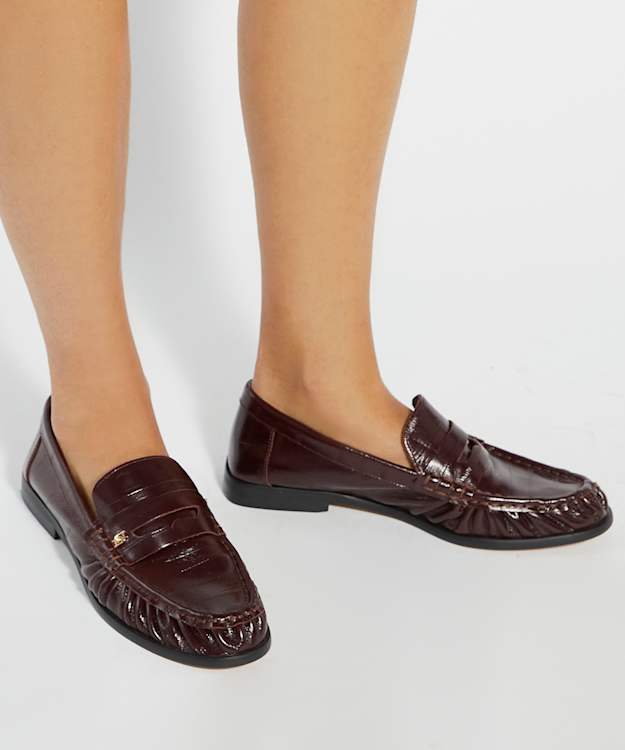 Dune London Grisella - Burgundy Leather Slip On Ruched Toe Loafers