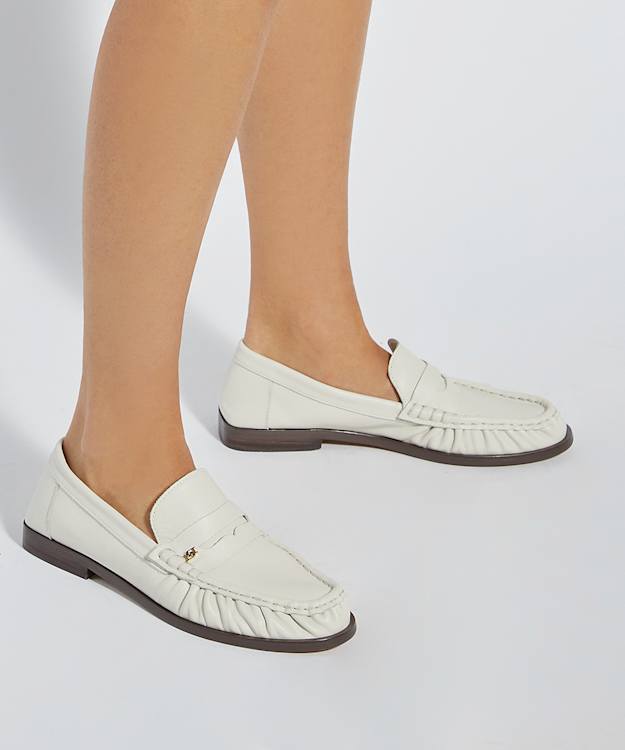 Dune London Grisella - Ecru Leather Slip On Ruched Toe Loafers