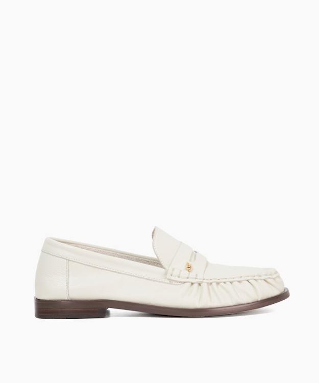dune london Grisella - Ecru Leather Slip On Ruched Toe Loafers