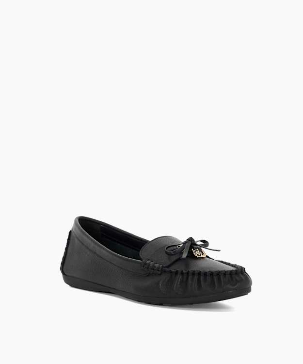 Dune London Grovers - Black Leather Moccasins With Bow Detail