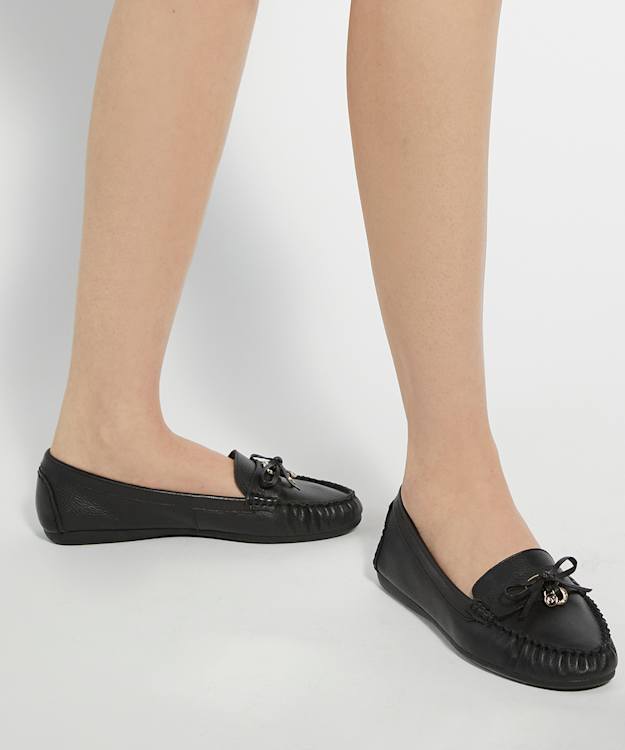 Dune London Grovers - Black Wide Fit Leather Moccasins With Bow Detail