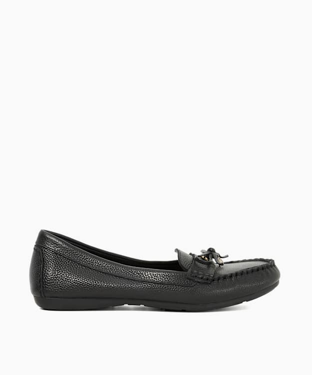 dune london Grovers - Black Wide Fit Leather Moccasins with Bow Detail