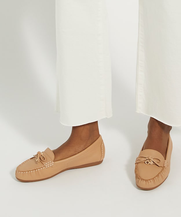 Dune London Grovers - Camel Leather Moccasins With Bow Detail