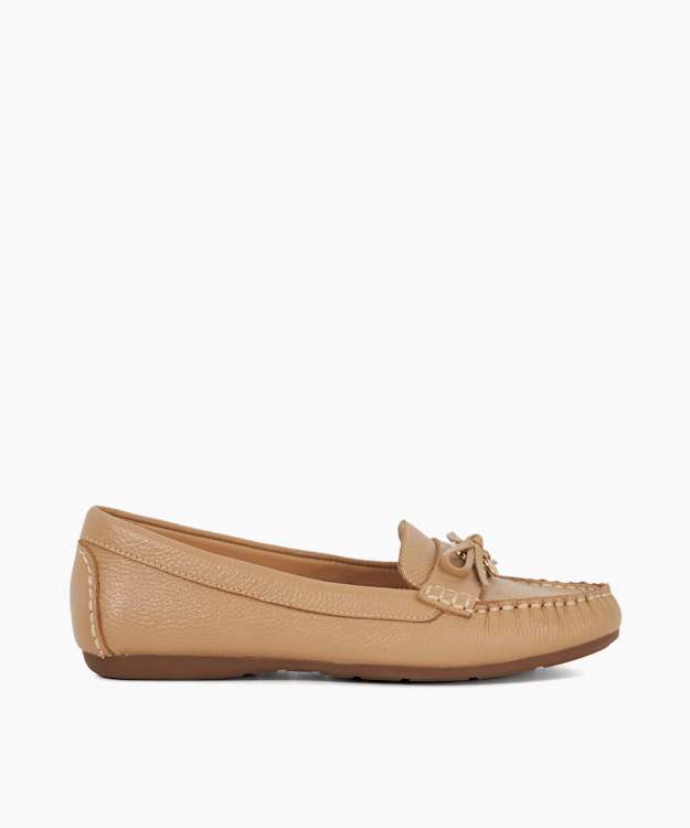 dune london Grovers - Camel Wide Fit Leather Moccasins with Bow Detail