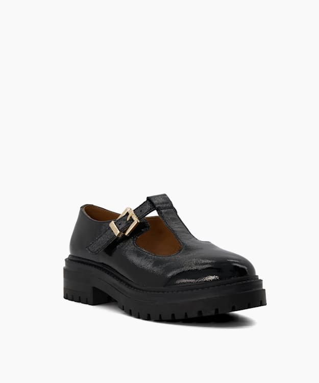 Dune London Gwennie - Black Cleated Leather T-Bar Strap Loafers