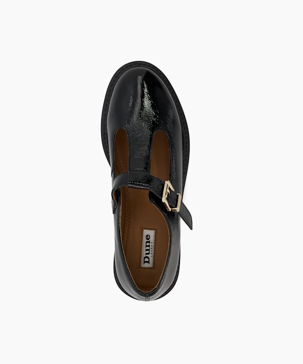 Dune London Gwennie - Black Cleated Leather T-Bar Strap Loafers
