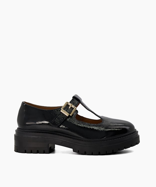 dune london Gwennie - Black Cleated Leather T-Bar Strap Loafers