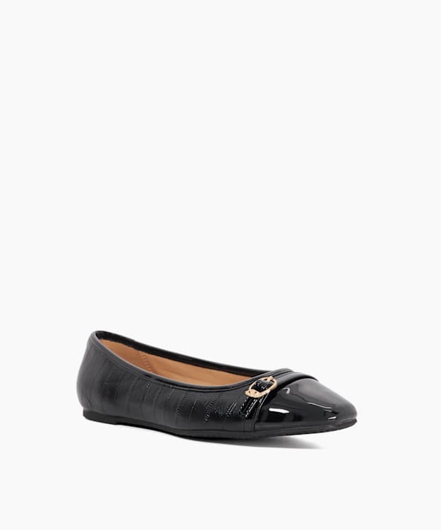 Dune London Habitats - Black Patent Textured Leather Buckle Detail Ballet Flats