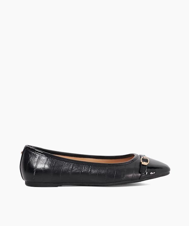 dune london Habitats - Black Patent Textured Leather Buckle Detail Ballet Flats