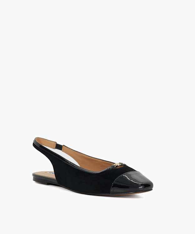 Dune London Hanna - Black Suede Sling Back Logo Flats