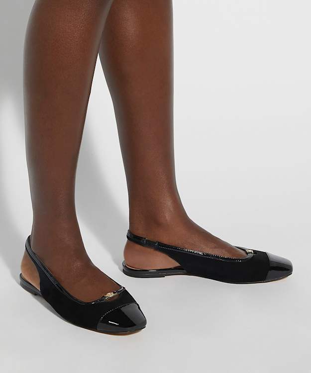 Dune London Hanna - Black Suede Sling Back Logo Flats