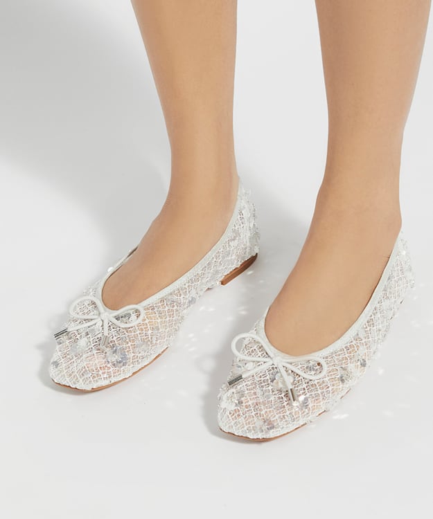Dune London Hannie - White Embellished Mesh Ballet Flat