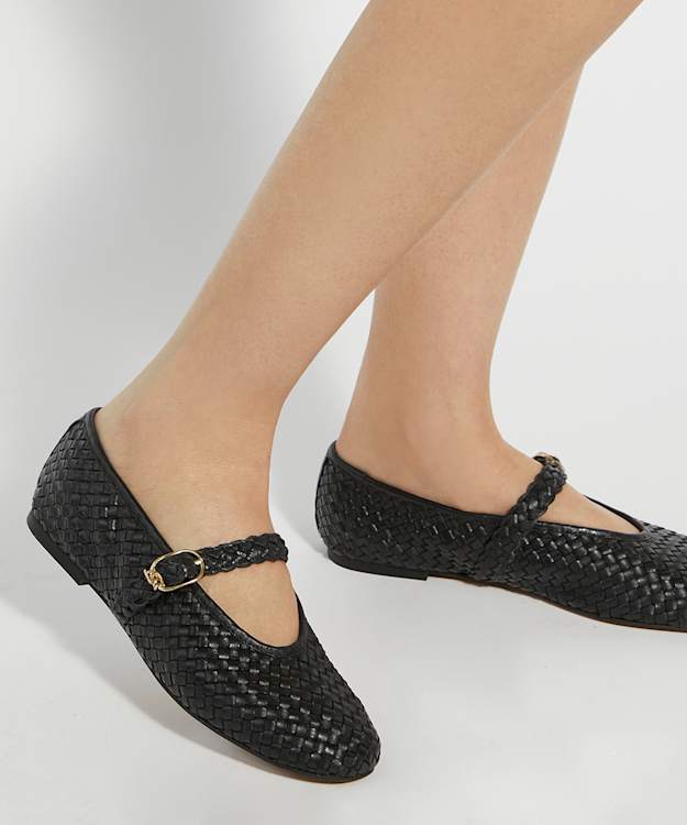 Dune London Headline - Black Leather Woven Mary Jane Ballet Flats