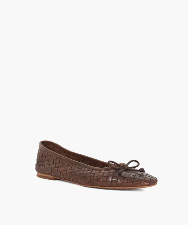 Dune London Heat - Brown Woven Leather Bow Detail Ballet Pumps