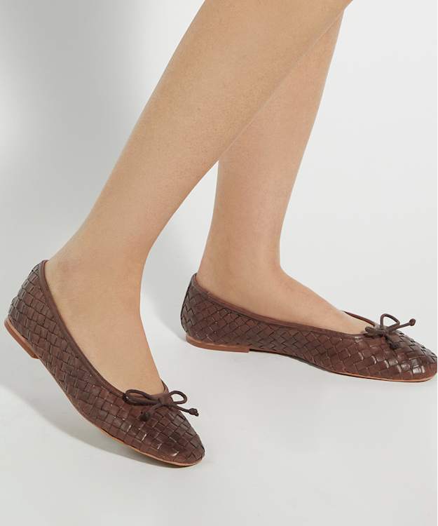 Dune London Heat - Brown Woven Leather Bow Detail Ballet Pumps