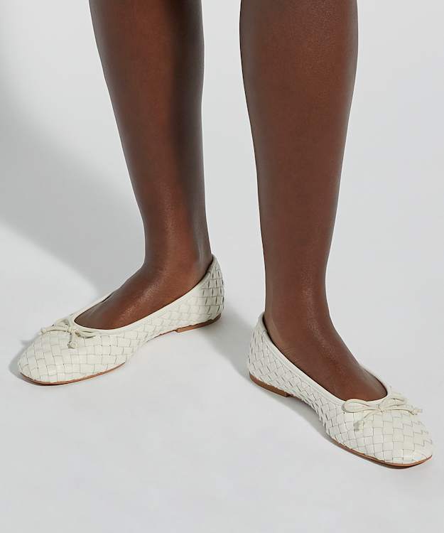 Dune London Heat - Ecru Woven Leather Bow Detail Ballet Pumps