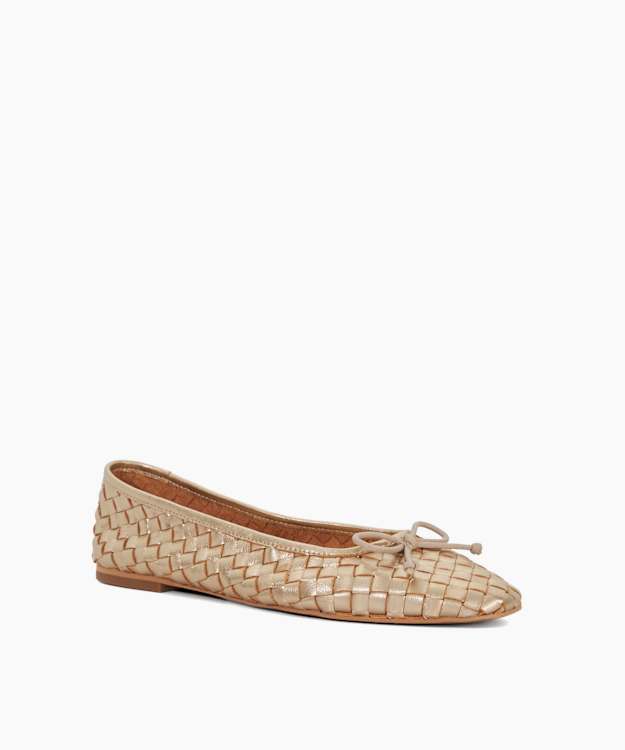 Dune London Heat - Gold Woven Leather Bow Detail Ballet Pumps