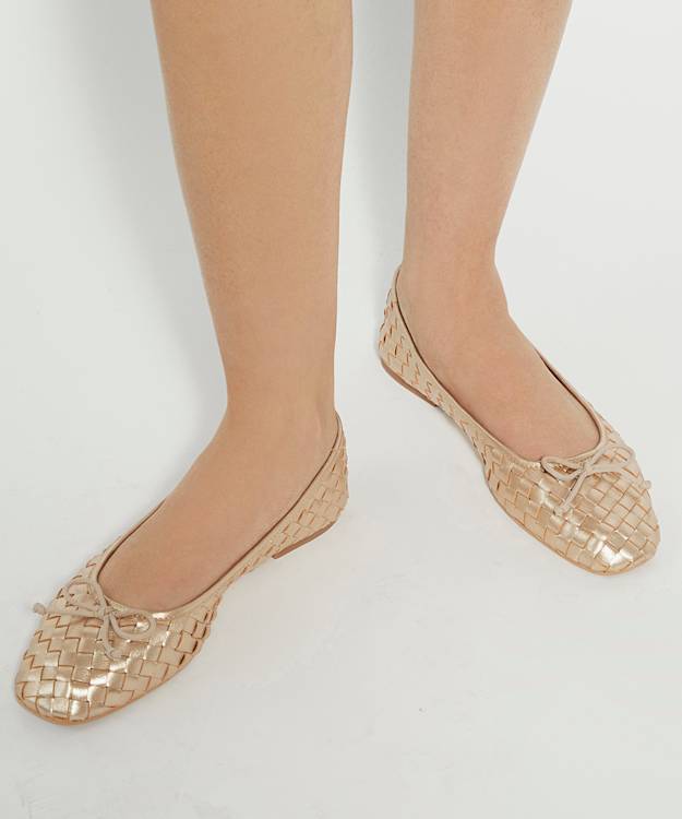 Dune London Heat - Gold Woven Leather Bow Detail Ballet Pumps