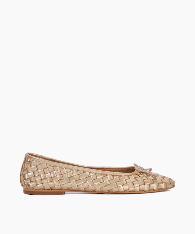 dune london Heat - Gold Woven Leather Bow Detail Ballet Pumps