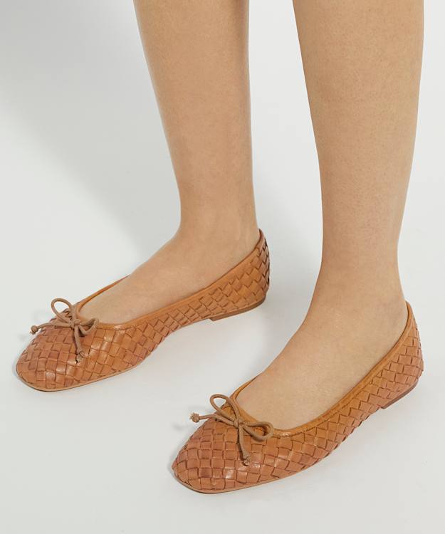 Dune London Heat - Tan Woven Leather Bow Detail Ballet Pumps